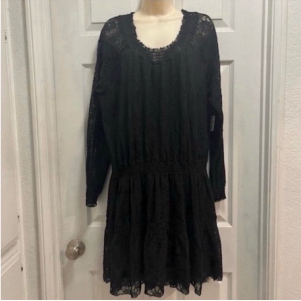 Free People Witchy Whimsigoth/Romantic Goth Bohemian Black Lace Mini Dress-L-NWT